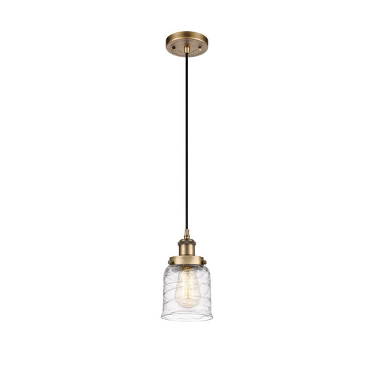 Innovations Bell 5in 1-Light Mini Pendant | Industrial Brushed Brass and Clear Deco Swirl Glass | Kitchen Island & Dining Room | Model 916-1P-BB-G513-LED