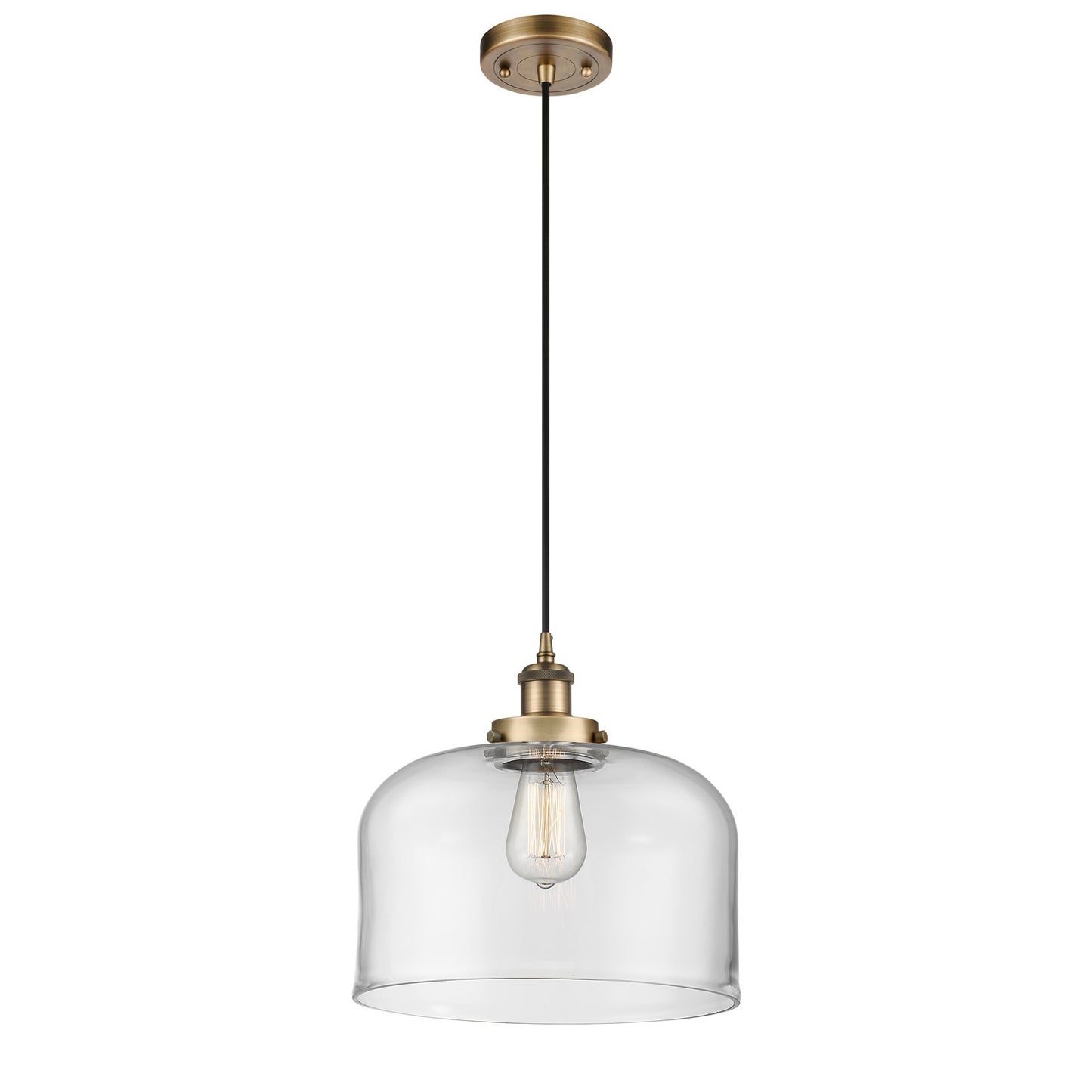 Innovations Bell 12in 1-Light Mini Pendant | Industrial Brushed Brass Steel and Clear Glass | Kitchen Island & Dining Room | Model 916-1P-BB-G72-L-LED