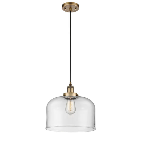 Innovations Bell 12in 1-Light Mini Pendant | Industrial Brushed Brass Steel and Clear Glass | Kitchen Island & Dining Room | Model 916-1P-BB-G72-L-LED