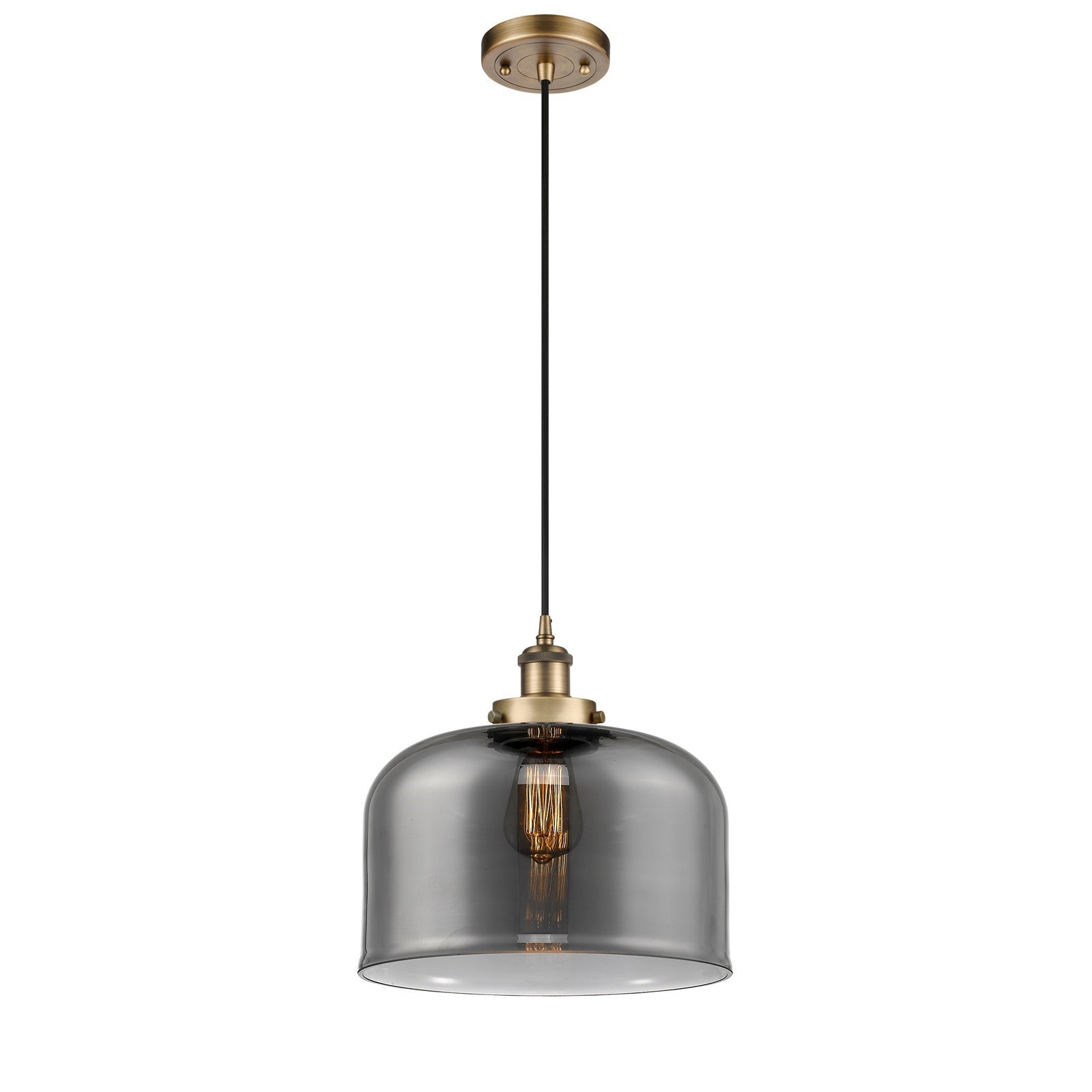 Innovations Bell 12in 1-Light Mini Pendant | Industrial Brushed Brass Steel and Light Smoke Glass | Kitchen Island & Dining | Model 916-1P-BB-G73-L-LED