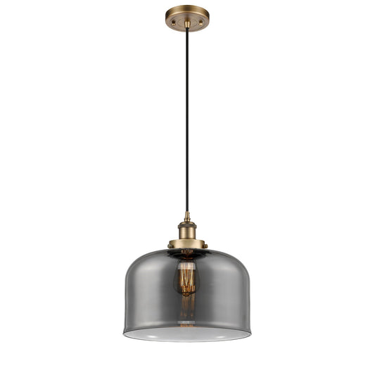 Innovations Bell 12in 1-Light Mini Pendant | Industrial Brushed Brass Steel and Light Smoke Glass | Kitchen Island & Dining | Model 916-1P-BB-G73-L-LED