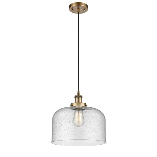 Innovations Bell 12in 1-Light Mini Pendant | Industrial Brushed Brass Steel and Seedy Glass | Kitchen Island & Dining Room | Model 916-1P-BB-G74-L-LED