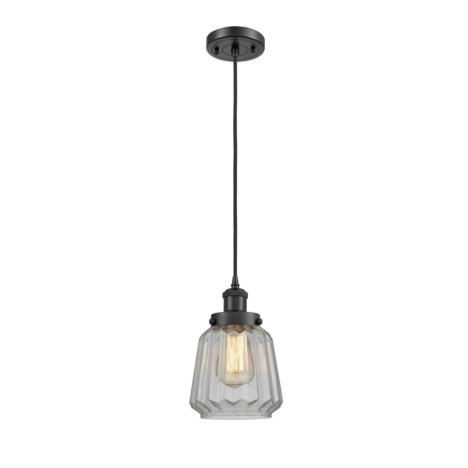 Innovations Chatham 7in 1-Light Mini Pendant | Modern Matte Black Steel and Clear Ribbed Glass Shade | Kitchen Island & Dining Room | Model 916-1P-BK-G142