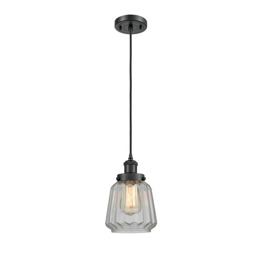 Innovations Chatham 7in 1-Light Mini Pendant | Modern Matte Black Steel and Clear Ribbed Glass Shade | Kitchen Island & Dining Room | Model 916-1P-BK-G142