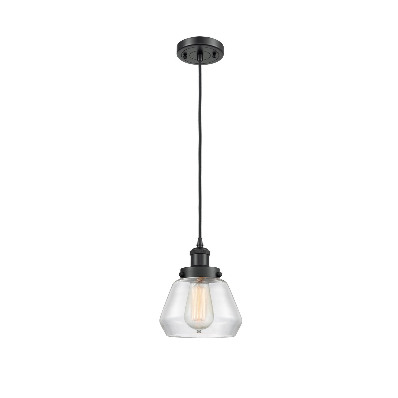Innovations Fulton 7in 1-Light Mini Pendant | Modern Contempo Matte Black Steel and Clear Glass | Kitchen Island & Dining Room | Model 916-1P-BK-G172