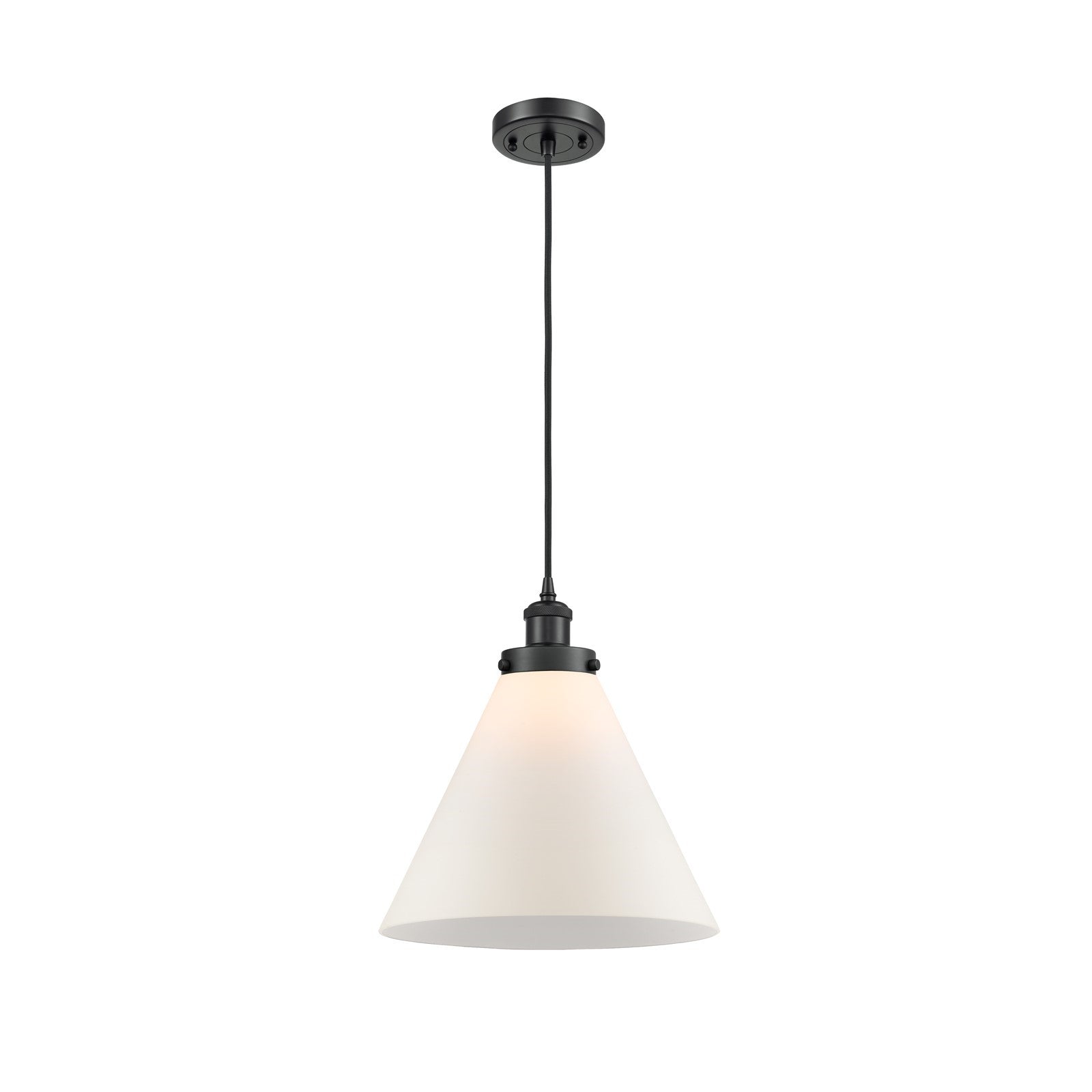 Innovations Cone 12in 1-Light Mini Pendant | Industrial Modern Matte Black Steel and Matte White Frosted Glass | Kitchen Island & | Model 916-1P-BK-G41-L