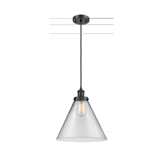 Innovations Cone 12in 1-Light Mini Pendant | Industrial Matte Black Steel and Clear Glass | Kitchen Island & Dining Room | Model 916-1P-BK-G42-L