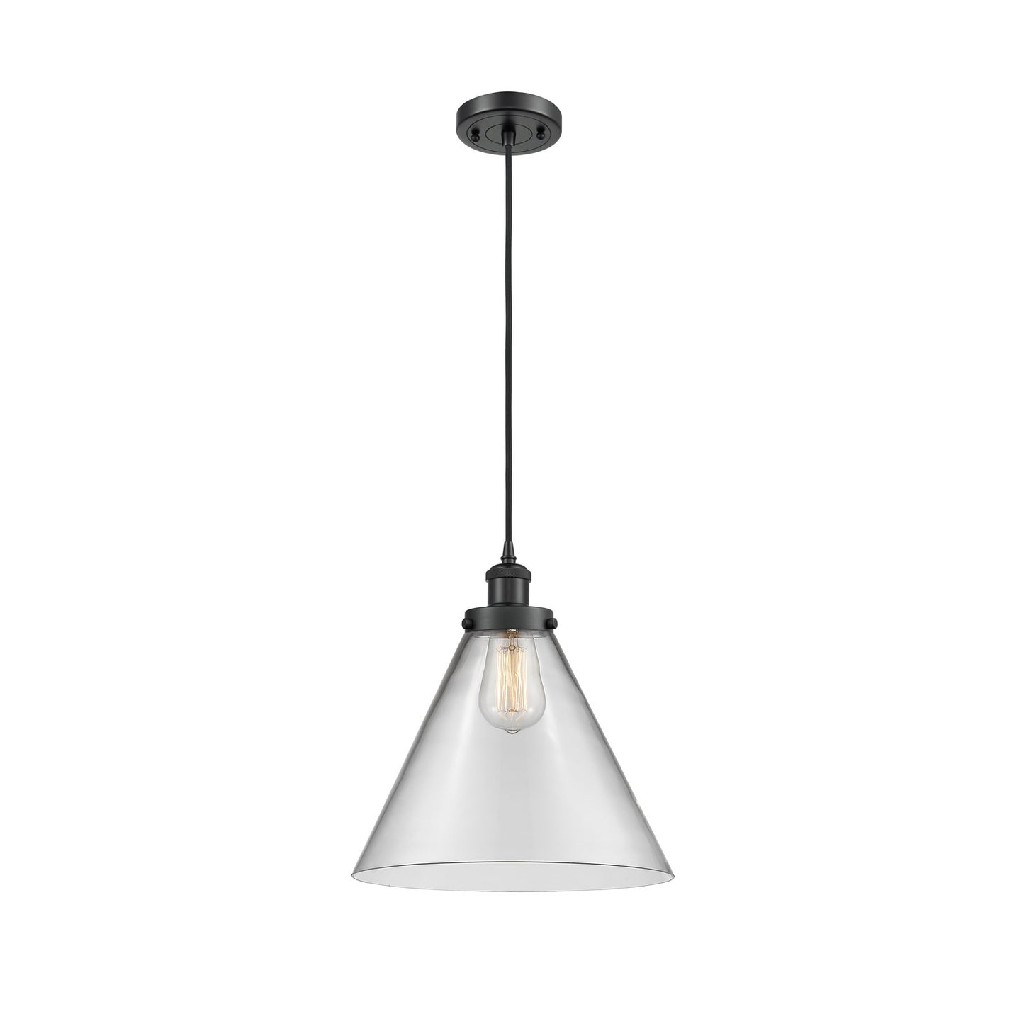 Innovations Cone 12in 1-Light LED Mini Pendant | Industrial Matte Black Steel and Clear Glass | Kitchen Island & Dining Room | Model 916-1P-BK-G42-L-LED