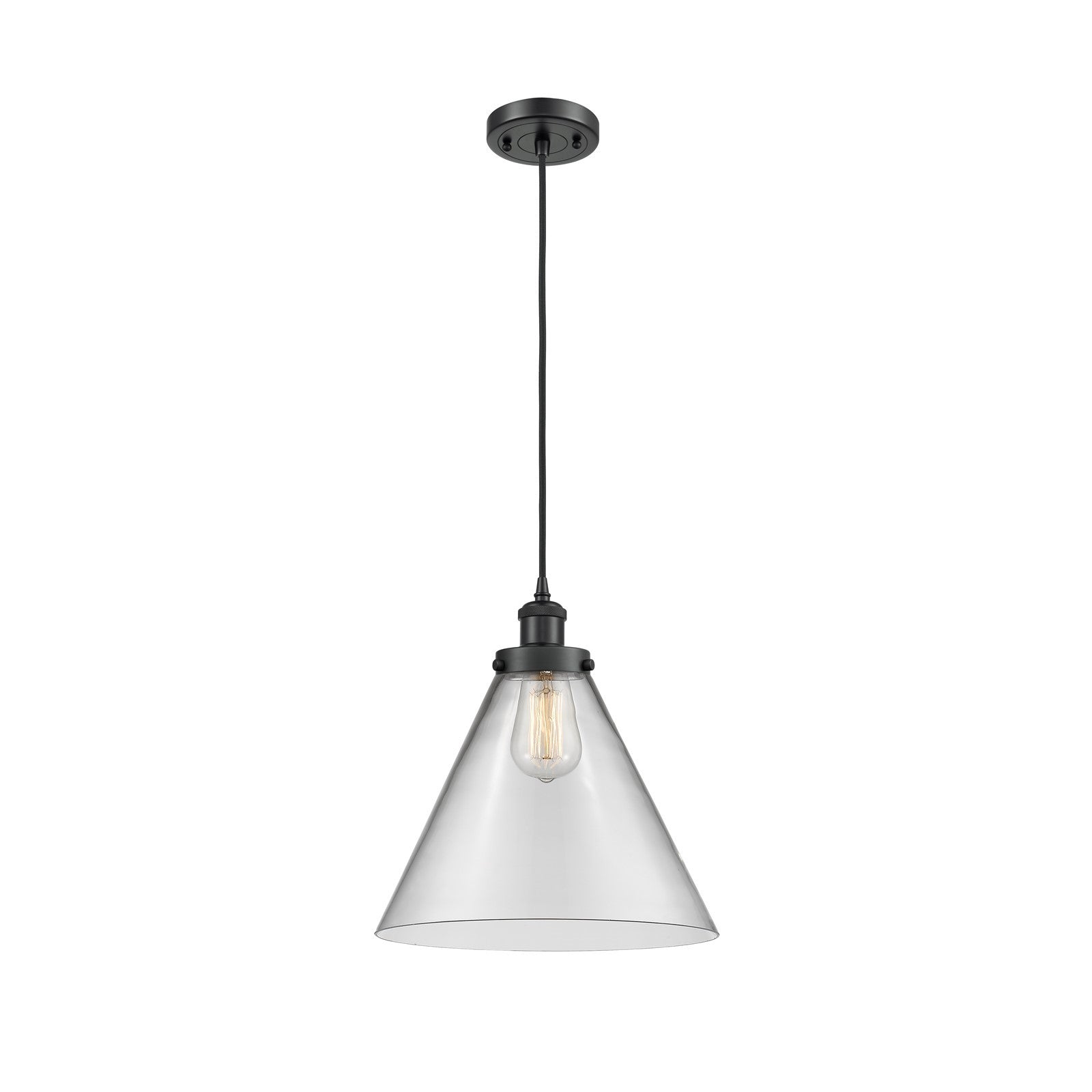 Innovations Cone 12in 1-Light LED Mini Pendant | Industrial Matte Black Steel and Clear Glass | Kitchen Island & Dining Room | Model 916-1P-BK-G42-L-LED