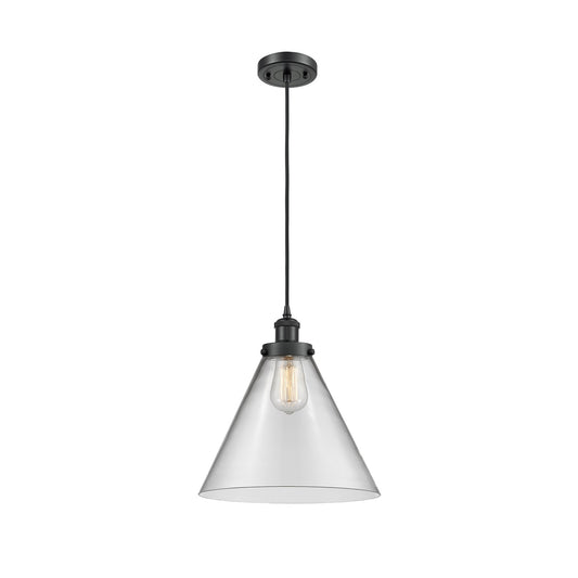 Innovations Cone 12in 1-Light LED Mini Pendant | Industrial Matte Black Steel and Clear Glass | Kitchen Island & Dining Room | Model 916-1P-BK-G42-L-LED