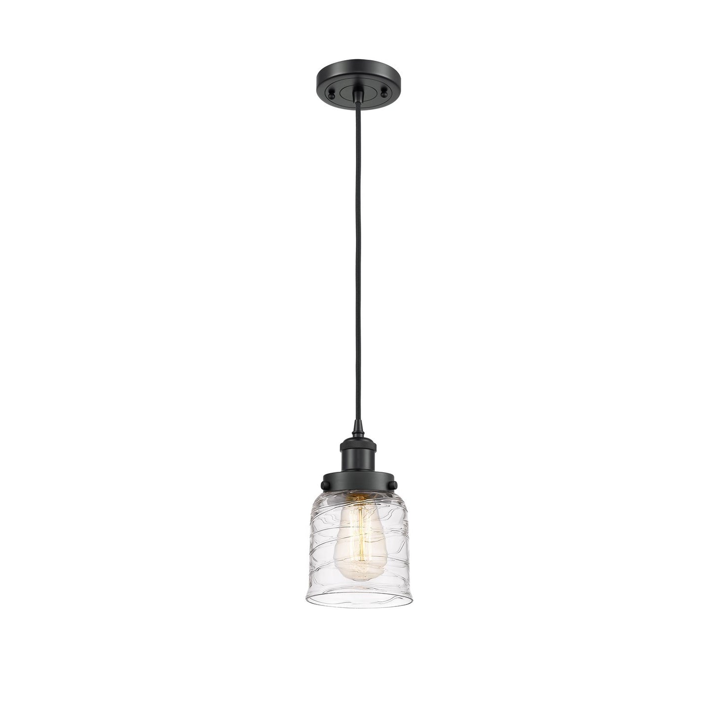Innovations Bell 5in 1-Light LED Mini Pendant | Industrial Matte Black Steel and Clear Deco Swirl Glass | Kitchen Island & | Model 916-1P-BK-G513-LED