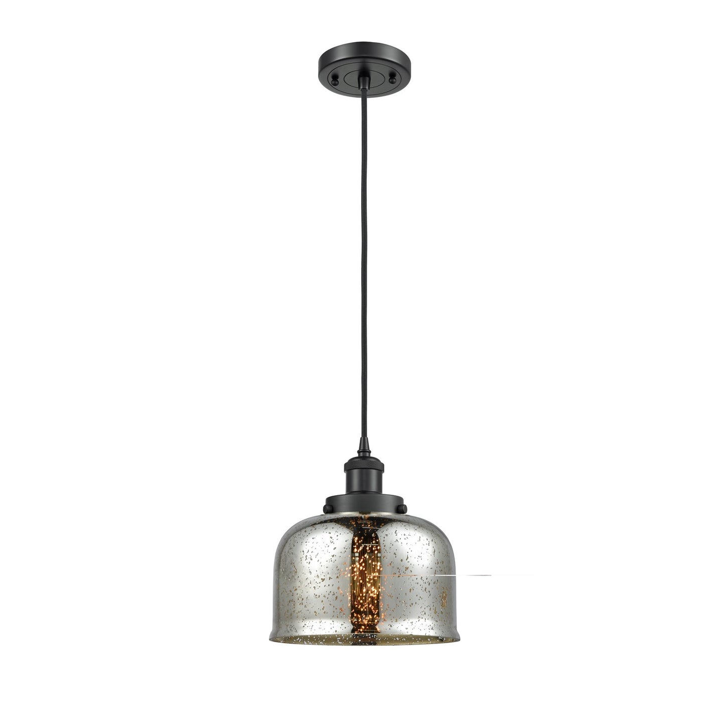 Innovations Bell 8in 1-Light Mini Pendant | Industrial Matte Black Steel and Silver Plated Mercury Glass | Kitchen Island & | Model 916-1P-BK-G78-LED