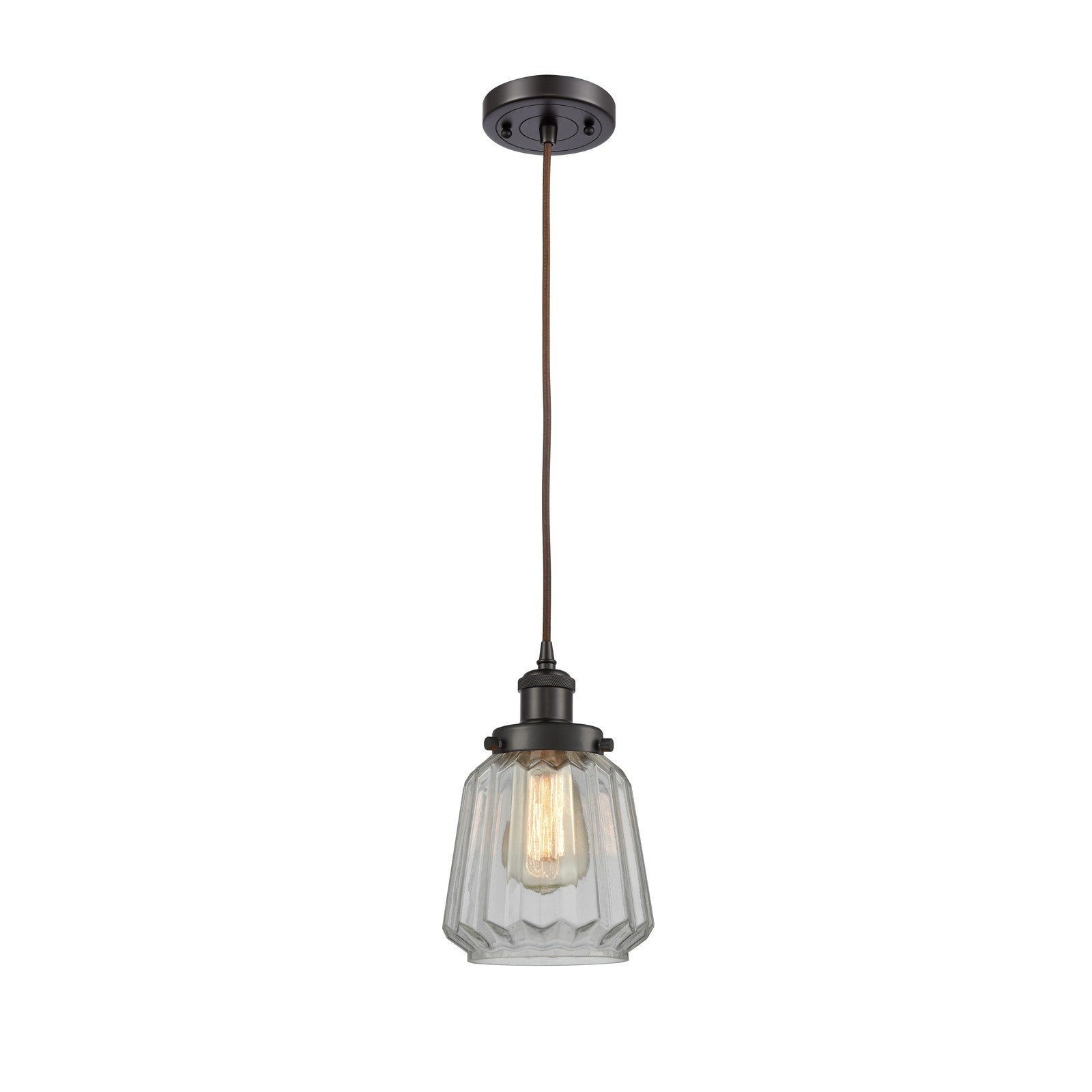 Innovations Chatham 7in 1-Light Mini Pendant | Modern Transitional Oil Rubbed Bronze Steel and Clear Ribbed Glass | Kitchen Island | Model 916-1P-OB-G142