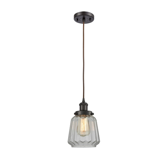 Innovations Chatham 7in 1-Light Mini Pendant | Modern Transitional Oil Rubbed Bronze Steel and Clear Ribbed Glass | Kitchen Island | Model 916-1P-OB-G142