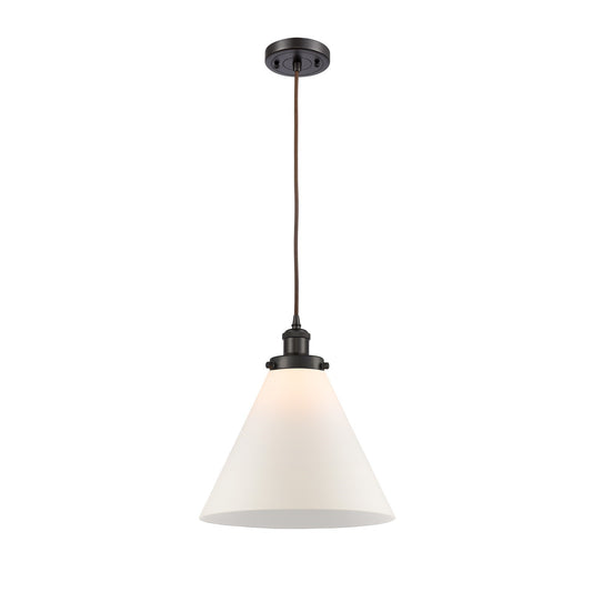 Innovations Cone 12in 1-Light LED Mini Pendant | Industrial Oil Rubbed Bronze Steel and Matte White Frosted Glass | Kitchen | Model 916-1P-OB-G41-L-LED