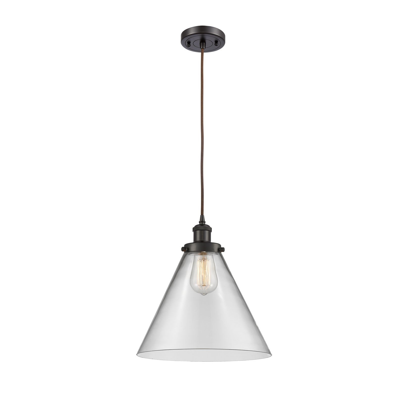 Innovations Cone 12in 1-Light Mini Pendant | Industrial Oil Rubbed Bronze Steel and Clear Transparent Glass | Kitchen Island & | Model 916-1P-OB-G42-L