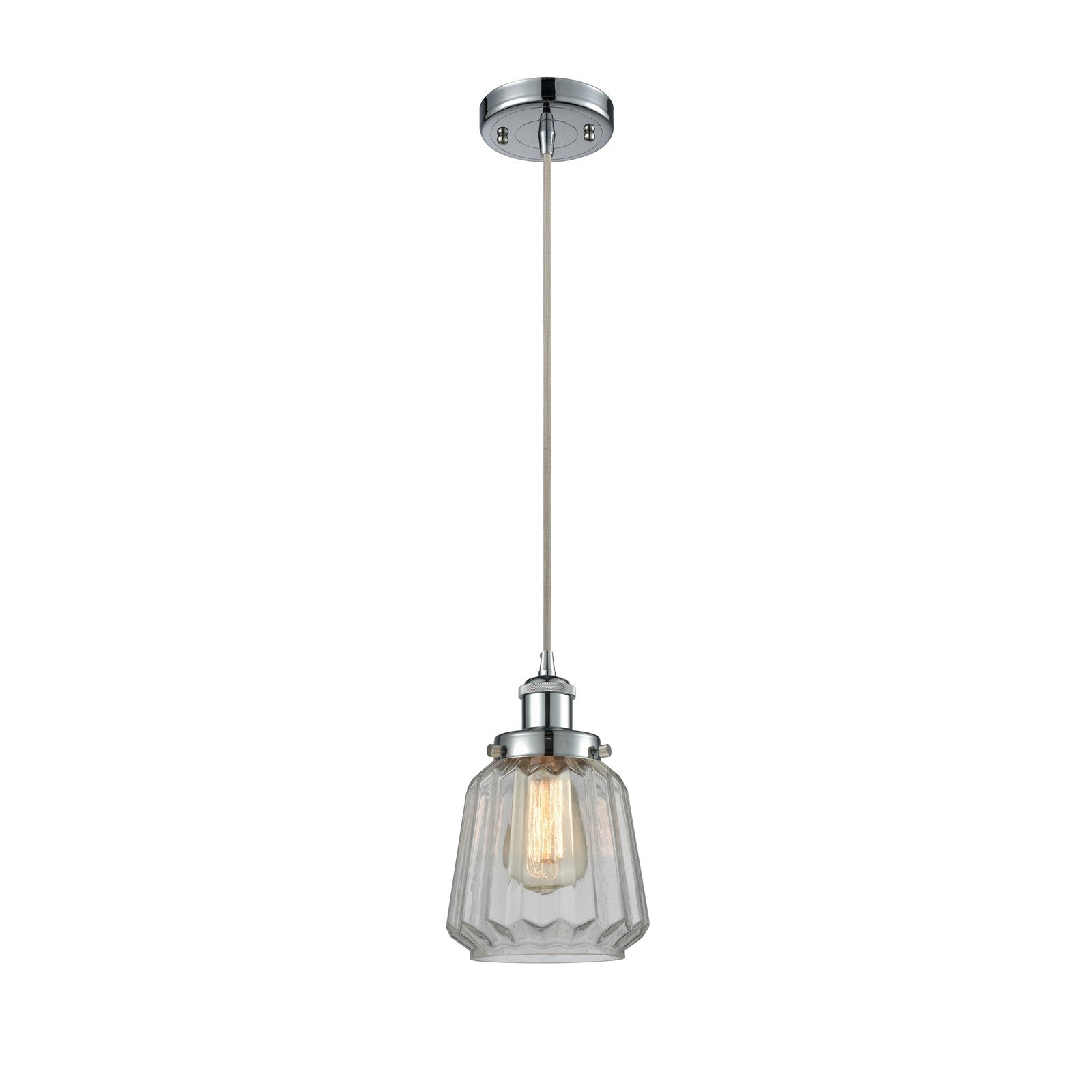 Innovations Chatham 7in 1-Light Mini Pendant | Modern Transitional Polished Chrome Steel and Clear Ribbed Glass | Kitchen Island & | Model 916-1P-PC-G142