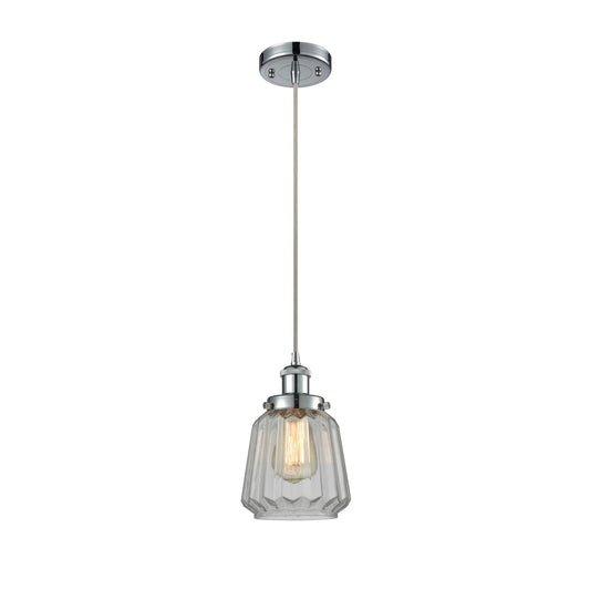 Innovations Chatham 7in 1-Light Mini Pendant | Modern Transitional Polished Chrome Steel and Clear Ribbed Glass | Kitchen Island & | Model 916-1P-PC-G142