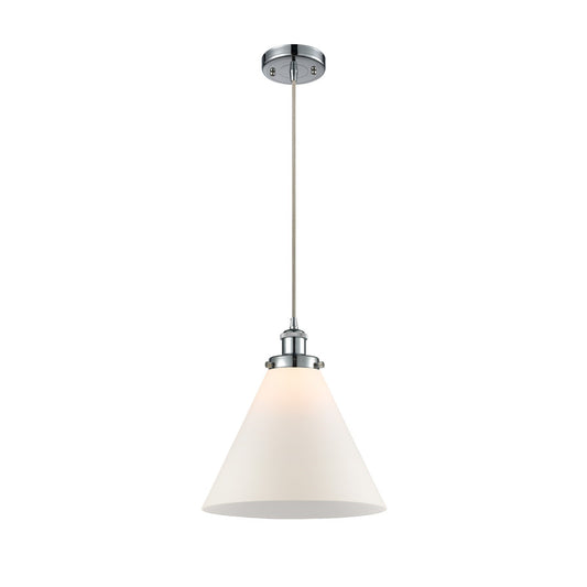 Innovations Cone 12in 1-Light Mini Pendant | Industrial Polished Chrome and Matte White Frosted Glass | Kitchen Island & | Model 916-1P-PC-G41-L-LED