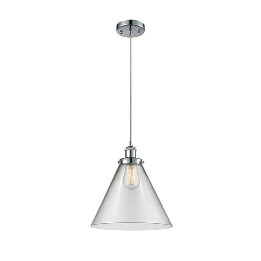 Innovations Cone 12in 1-Light Mini Pendant | Industrial Polished Chrome and Clear Glass | Kitchen Island & Dining Room | Model 916-1P-PC-G42-L-LED