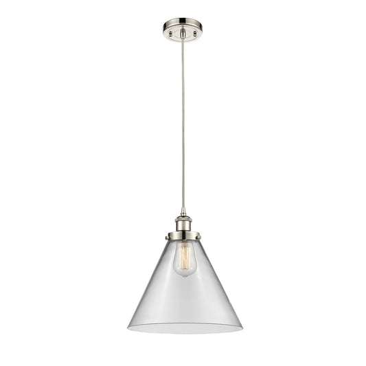 Innovations Cone 11.75in 1-Light Mini Pendant | Industrial Polished Nickel Steel and Clear Transparent Glass | Kitchen Island & | Model 916-1P-PN-G42-L