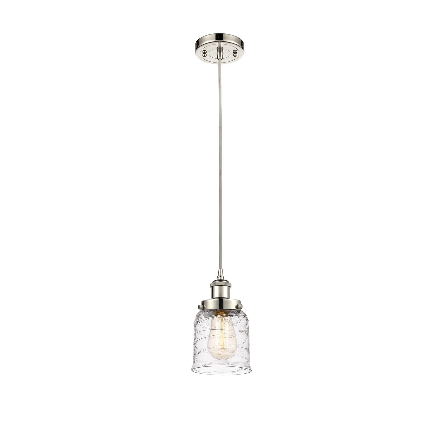 Innovations Bell 5in 1-Light Mini Pendant | Industrial Polished Nickel and Clear Deco Swirl Glass | Kitchen Island & Dining | Model 916-1P-PN-G513-LED