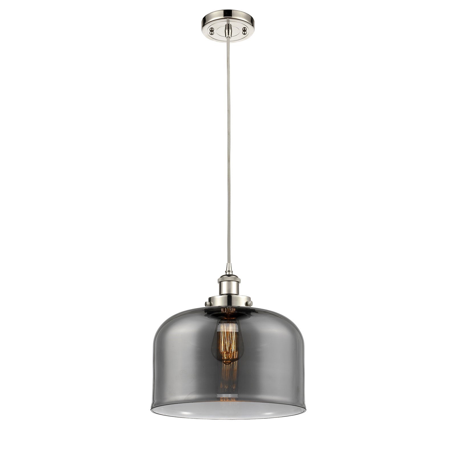Innovations Bell 12in 1-Light LED Mini Pendant | Industrial Polished Nickel Steel and Light Smoke Glass | Kitchen Island & | Model 916-1P-PN-G73-L-LED
