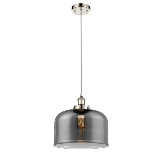 Innovations Bell 12in 1-Light LED Mini Pendant | Industrial Polished Nickel Steel and Light Smoke Glass | Kitchen Island & | Model 916-1P-PN-G73-L-LED