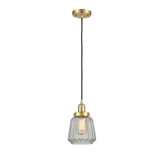 Innovations Chatham 7in 1-Light Mini Pendant | Modern Transitional Satin Gold Steel and Cast Brass with Clear Ribbed Glass Shade | Model 916-1P-SG-G142