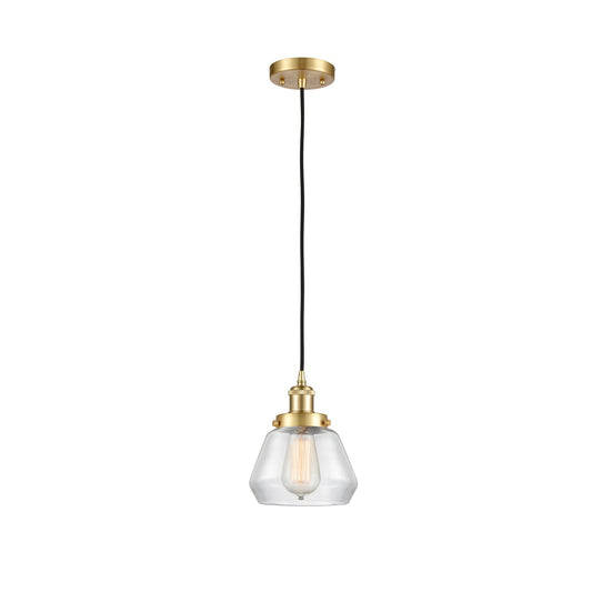 Innovations Fulton 7in 1-Light Mini Pendant | Modern Satin Gold Steel and Clear Glass | Kitchen Island & Dining Room | Model 916-1P-SG-G172