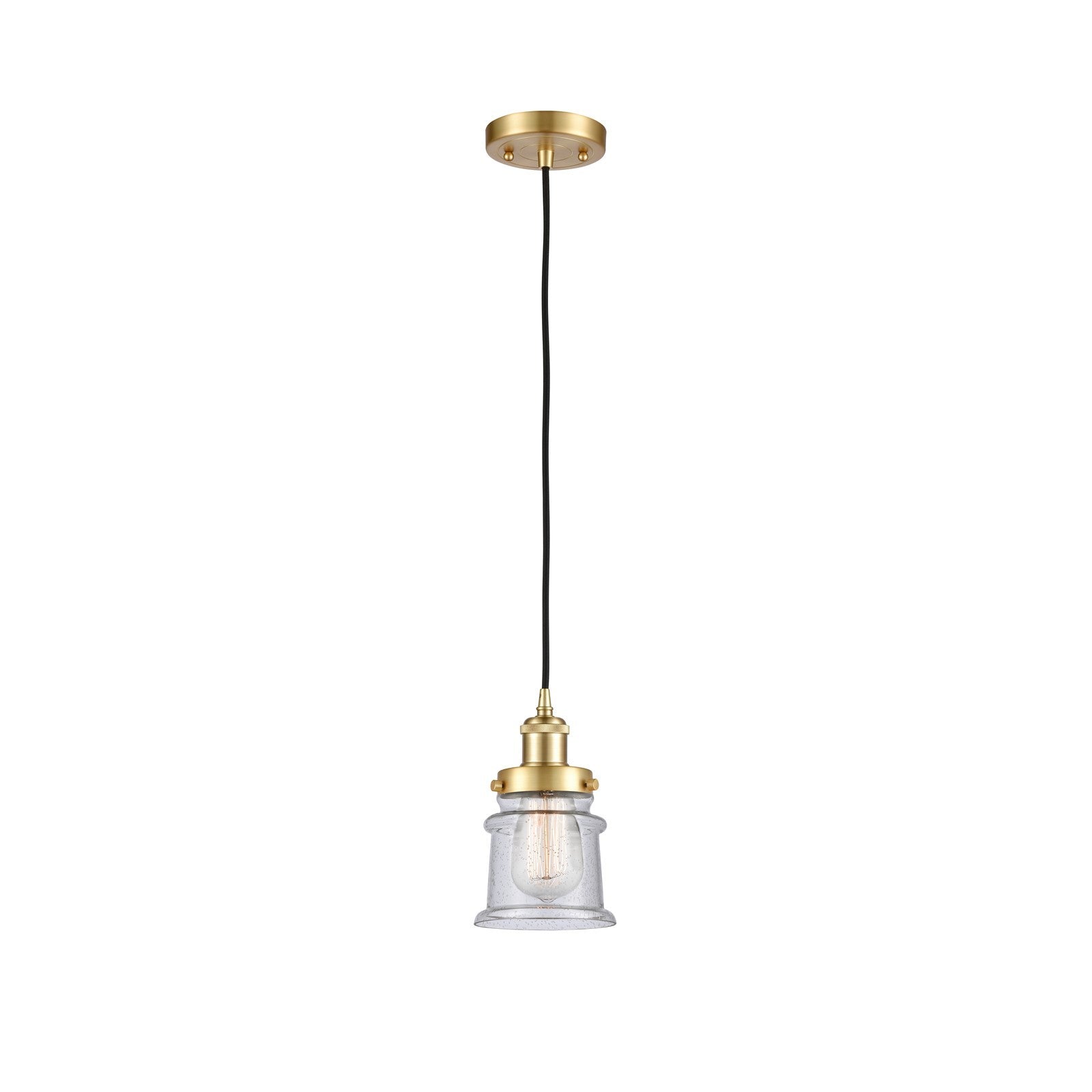Innovations Canton 5.25in 1-Light Mini Pendant | Satin Gold Steel and Seedy Schoolhouse Glass | Kitchen Island & Dining Room | Model 916-1P-SG-G184S