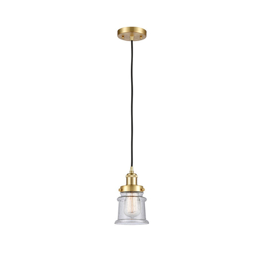 Innovations Canton 5.25in 1-Light Mini Pendant | Satin Gold Steel and Seedy Schoolhouse Glass | Kitchen Island & Dining Room | Model 916-1P-SG-G184S