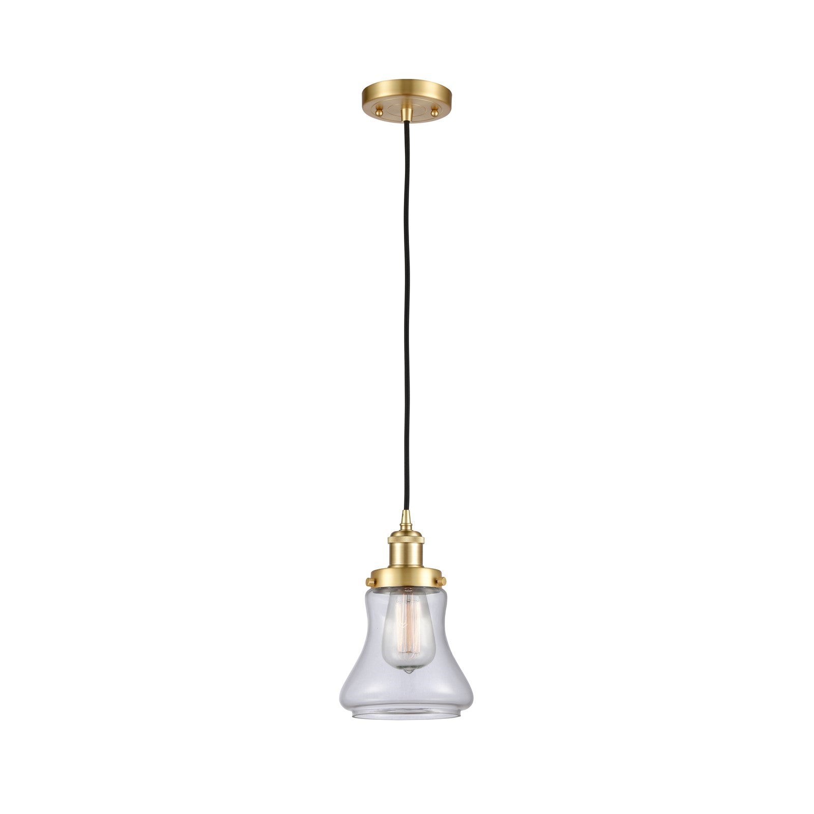 Innovations Bellmont 6.125in 1-Light Mini Pendant | Satin Gold Steel and Clear Schoolhouse Glass | Kitchen Island & Dining Room | Model 916-1P-SG-G192