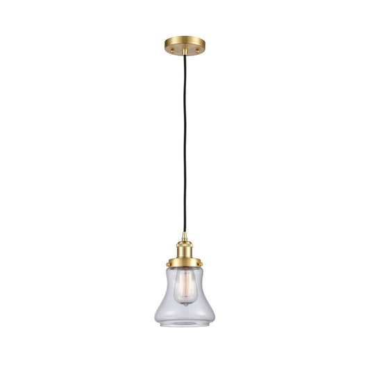 Innovations Bellmont 6.125in 1-Light Mini Pendant | Satin Gold Steel and Clear Schoolhouse Glass | Kitchen Island & Dining Room | Model 916-1P-SG-G192