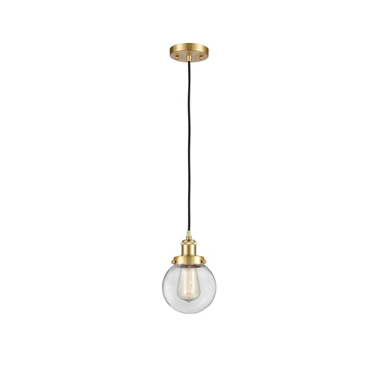 Innovations Beacon 6in 1-Light Mini Pendant | Satin Gold Steel and Clear Glass | Kitchen Island & Dining Room | 6 x 6 x 9 in | Model 916-1P-SG-G202-6