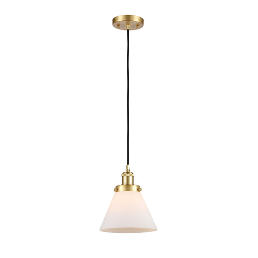 Innovations Cone 8in 1-Light Mini Pendant | Industrial Satin Gold Steel and Matte White Frosted Glass | Kitchen Island & Dining Room | Model 916-1P-SG-G41