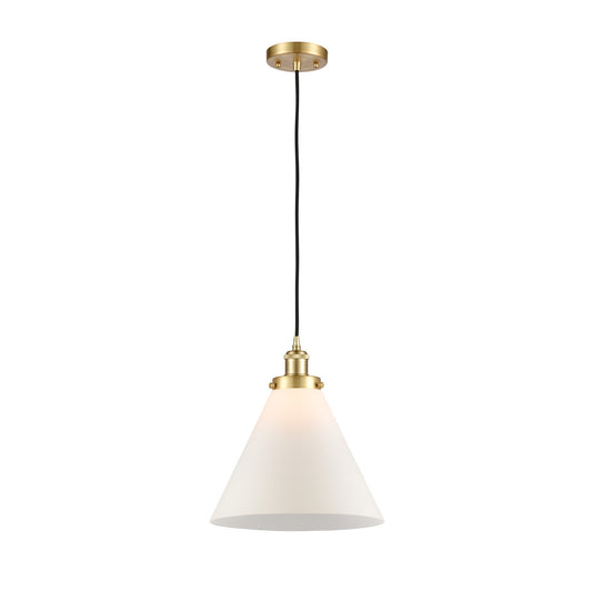 Innovations Cone 11.75in 1-Light Mini Pendant | Industrial Satin Gold Steel and Matte White Frosted Glass | Kitchen Island & | Model 916-1P-SG-G41-L