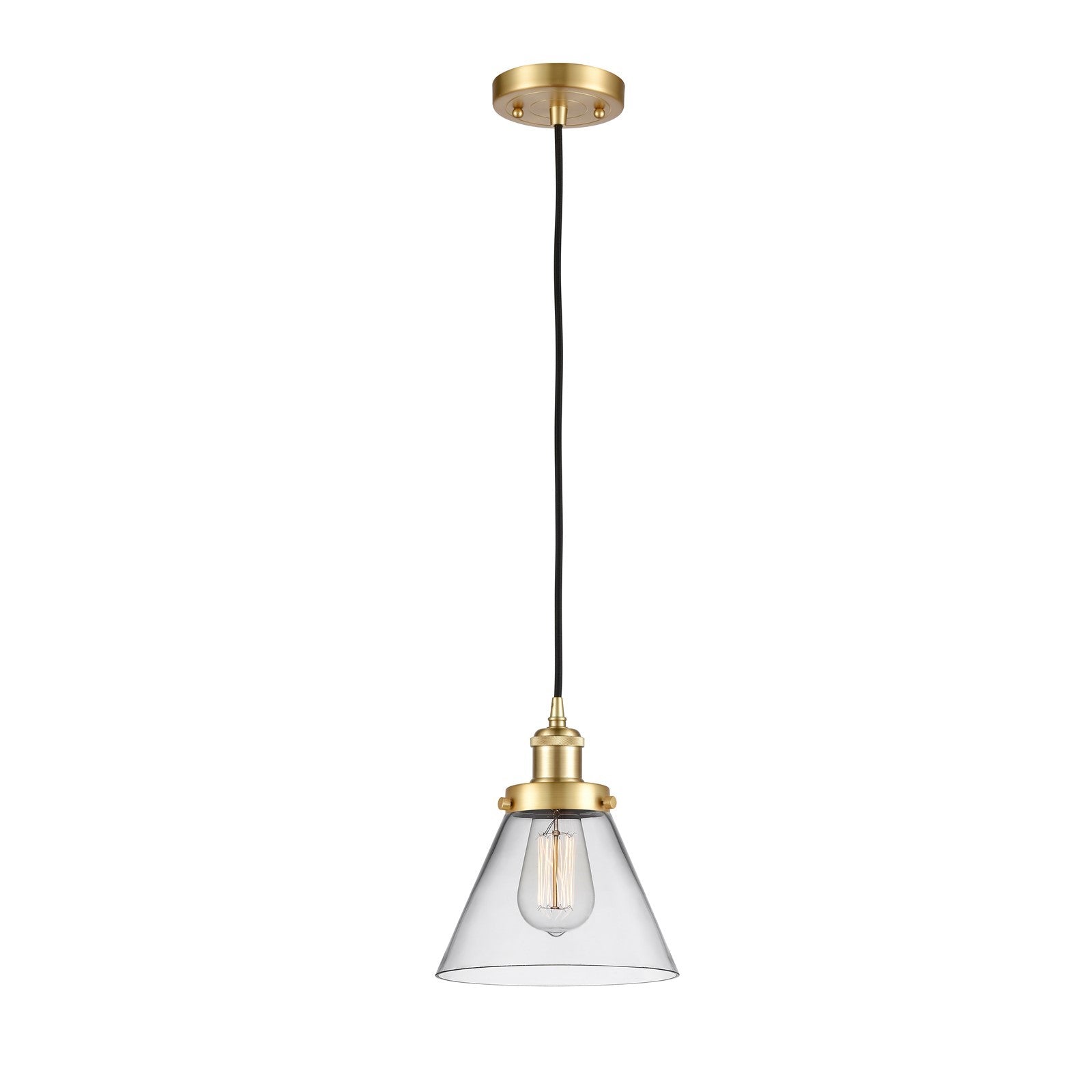 Innovations Cone 8in 1-Light Mini Pendant | Industrial Satin Gold Steel and Clear Glass | Kitchen Island & Dining Room | Model 916-1P-SG-G42