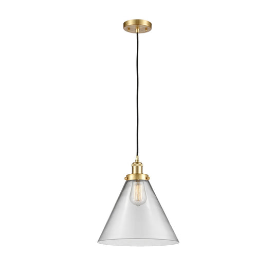 Innovations Cone 12in 1-Light Mini Pendant | Industrial Satin Gold Steel and Clear Glass | Kitchen Island & Dining Room | Model 916-1P-SG-G42-L