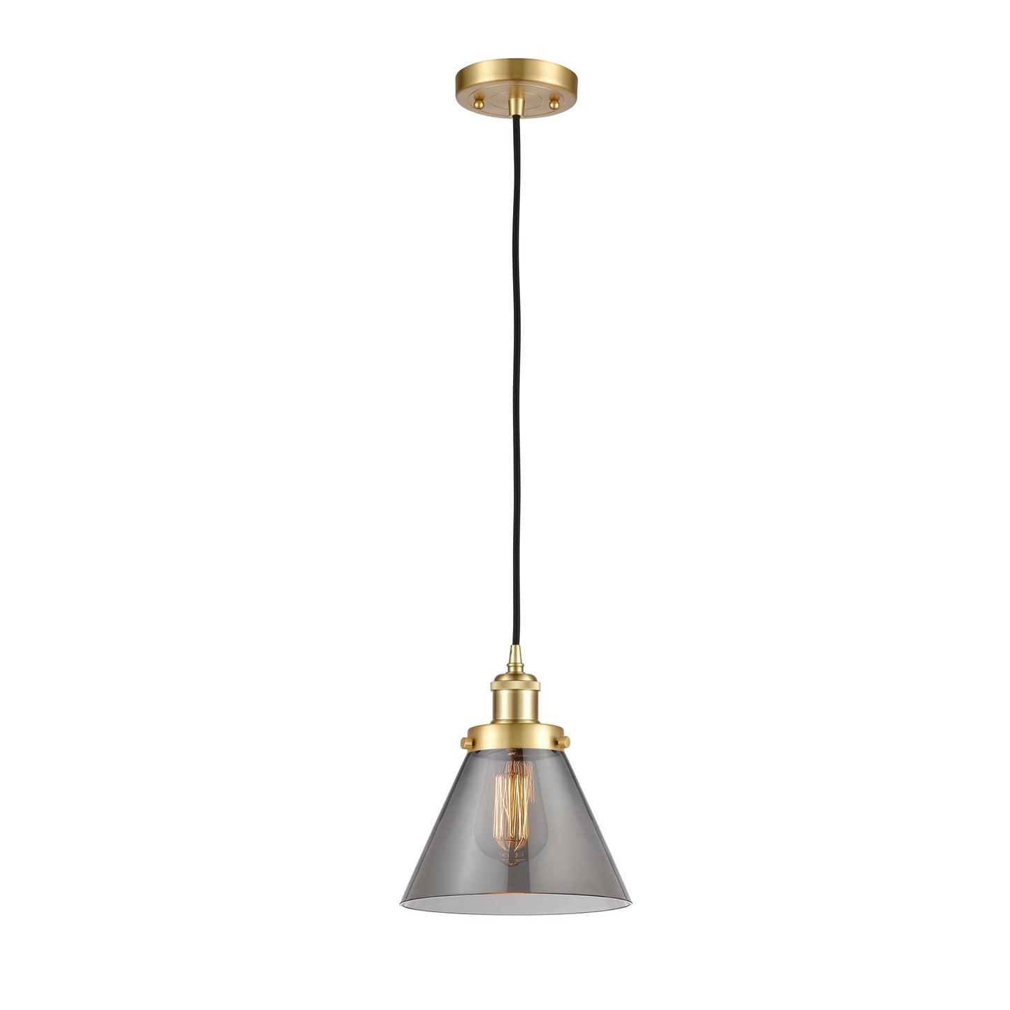 Innovations Cone 8in 1-Light Mini Pendant | Industrial Satin Gold Steel and Light Smoke Glass | Kitchen Island & Dining Room | Model 916-1P-SG-G43
