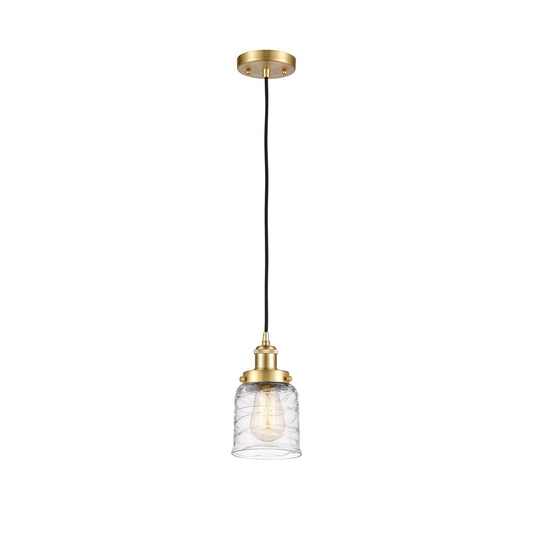 Innovations Bell 5in 1-Light Mini Pendant | Industrial Satin Gold Steel and Clear Deco Swirl Glass | Kitchen Island & Dining Room | Model 916-1P-SG-G513