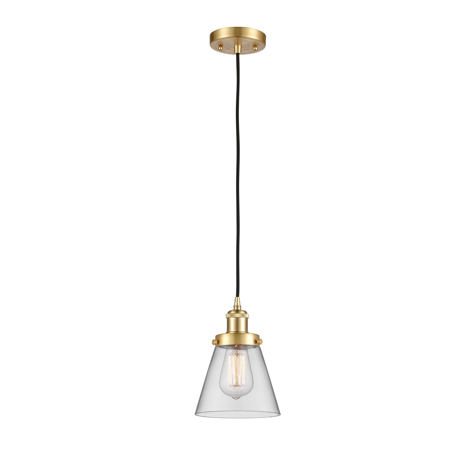 Innovations Cone 6in 1-Light Mini Pendant | Industrial Satin Gold Steel and Clear Glass | Kitchen Island & Dining Room | Model 916-1P-SG-G62