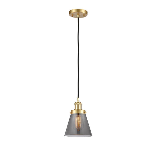 Innovations Cone 6in 1-Light Mini Pendant | Industrial Satin Gold Steel and Light Smoke Glass | Kitchen Island & Dining Room | Model 916-1P-SG-G63