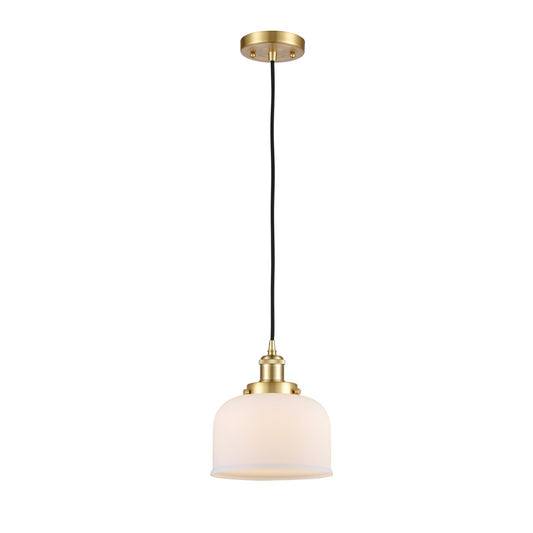 Innovations Bell 8in 1-Light Mini Pendant | Industrial Satin Gold Steel and Matte White Frosted Glass | Kitchen Island & Dining Room | Model 916-1P-SG-G71