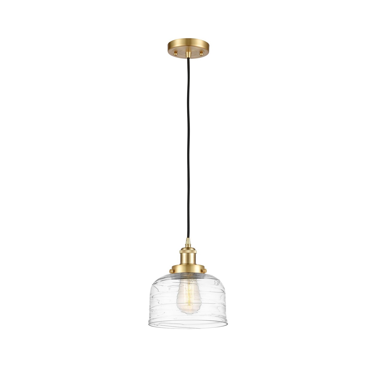 Innovations Bell 8in 1-Light Mini Pendant | Industrial Satin Gold Steel and Clear Deco Swirl Glass | Kitchen Island & Dining Room | Model 916-1P-SG-G713