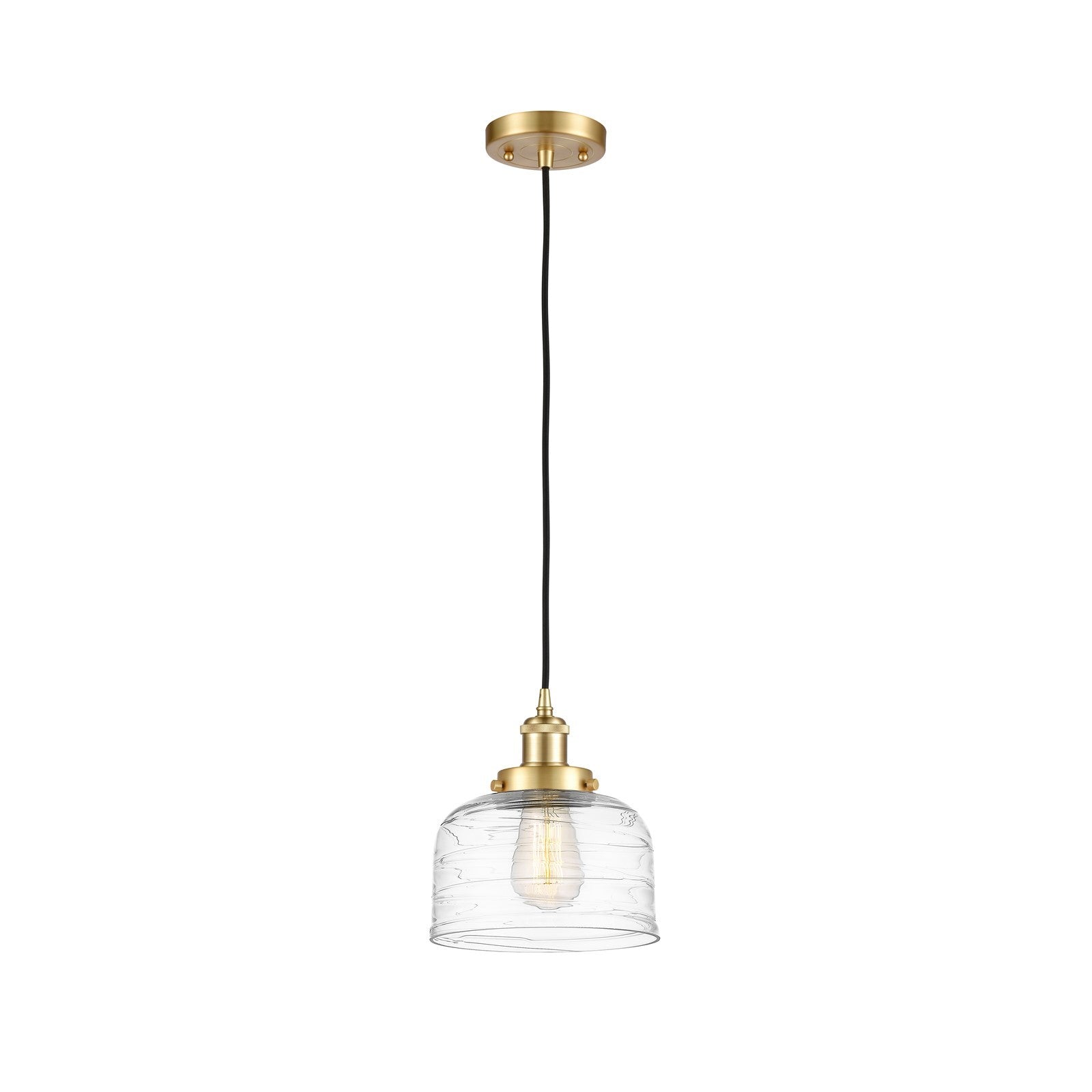 Innovations Bell 8in 1-Light Mini Pendant | Industrial Satin Gold Steel and Clear Deco Swirl Glass | Kitchen Island & Dining Room | Model 916-1P-SG-G713
