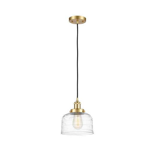 Innovations Bell 8in 1-Light Mini Pendant | Industrial Satin Gold Steel and Clear Deco Swirl Glass | Kitchen Island & Dining Room | Model 916-1P-SG-G713