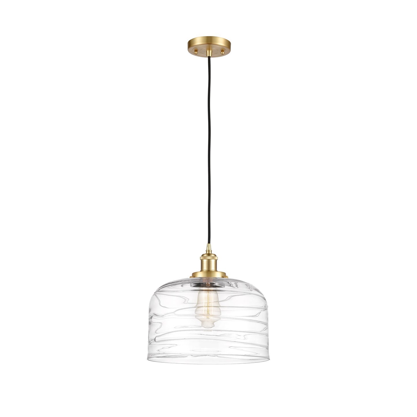 Innovations Bell 12in 1-Light Mini Pendant | Industrial Satin Gold Steel and Clear Deco Swirl Glass | Kitchen Island & Dining | Model 916-1P-SG-G713-L