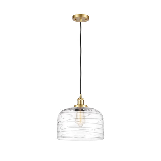 Innovations Bell 12in 1-Light Mini Pendant | Industrial Satin Gold Steel and Clear Deco Swirl Glass | Kitchen Island & Dining | Model 916-1P-SG-G713-L