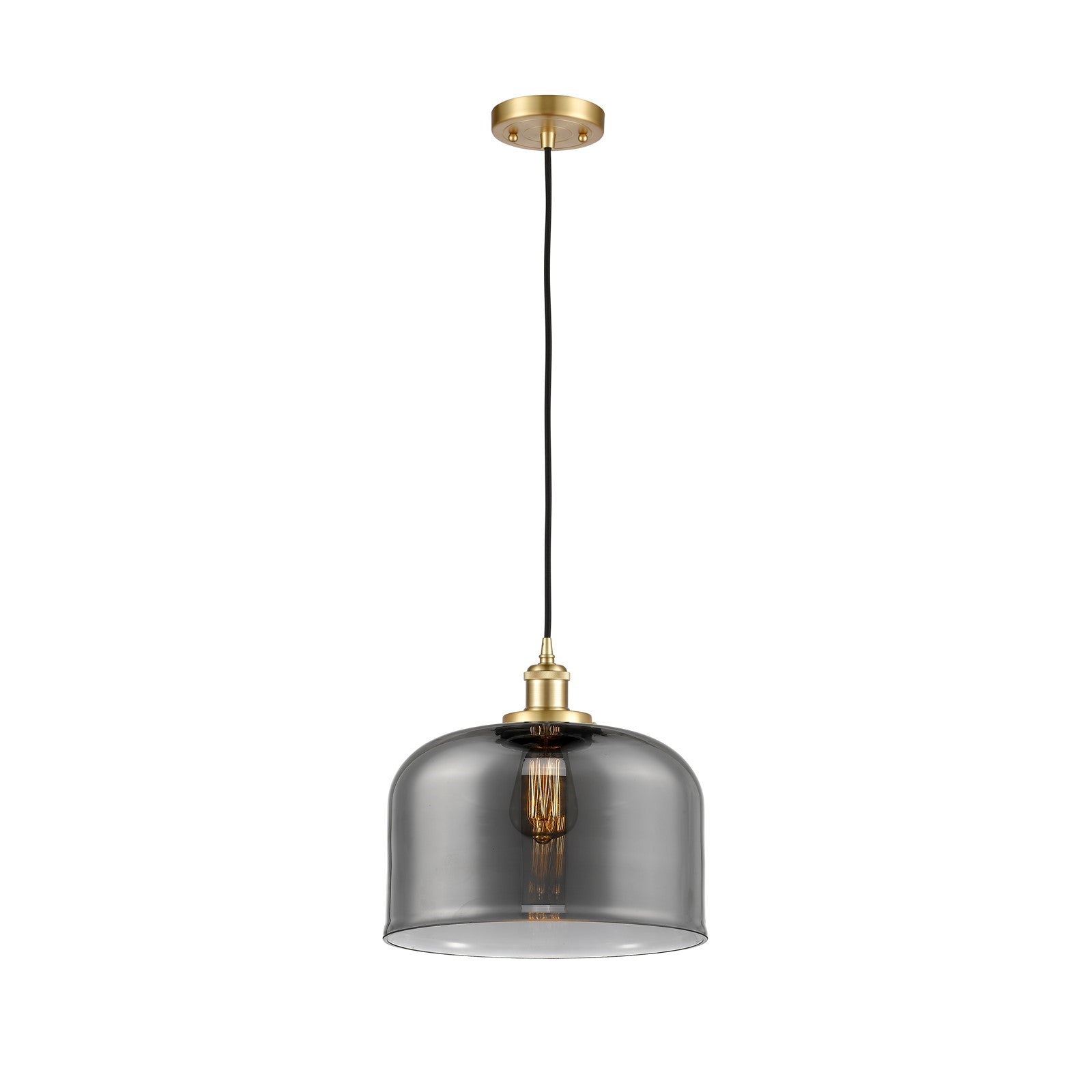 Innovations Bell 12in 1-Light Mini Pendant | Industrial Satin Gold Steel and Light Smoke Glass | Kitchen Island & Dining Room | Model 916-1P-SG-G73-L